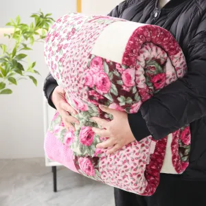 1pc 400g Flannel Pink Flower Patchwork Blanket Thickened Warm Winter For Sofa Office Bedroom Airplane, Light Luxury Premium, All Seasons Universal, Skin-friendly And Soft And Comfortable, Multi-purpose Blanket