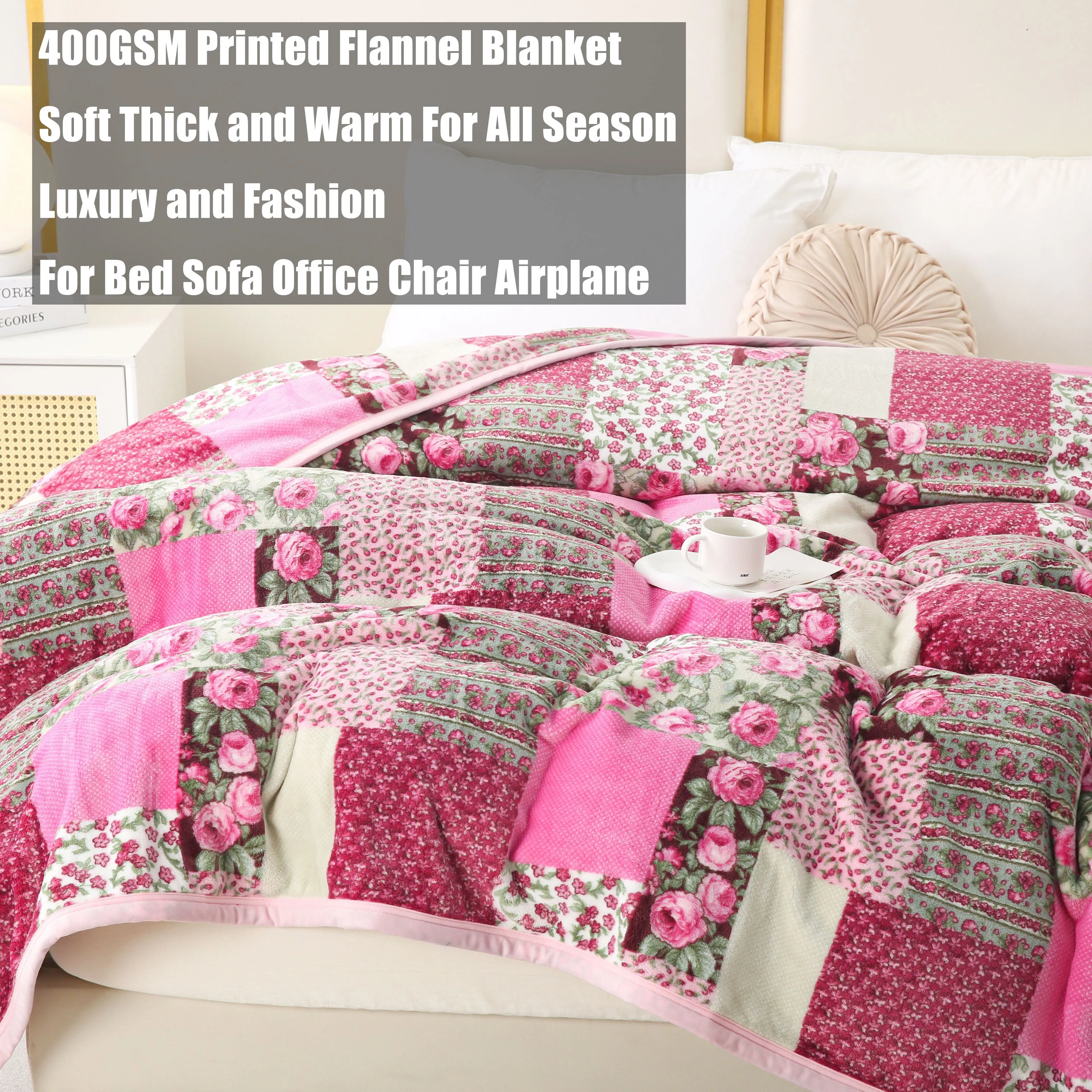 1pc 400g Flannel Pink Flower Patchwork Blanket Thickened Warm Winter For Sofa Office Bedroom Airplane, Light Luxury Premium, All Seasons Universal, Skin-friendly And Soft And Comfortable, Multi-purpose Blanket