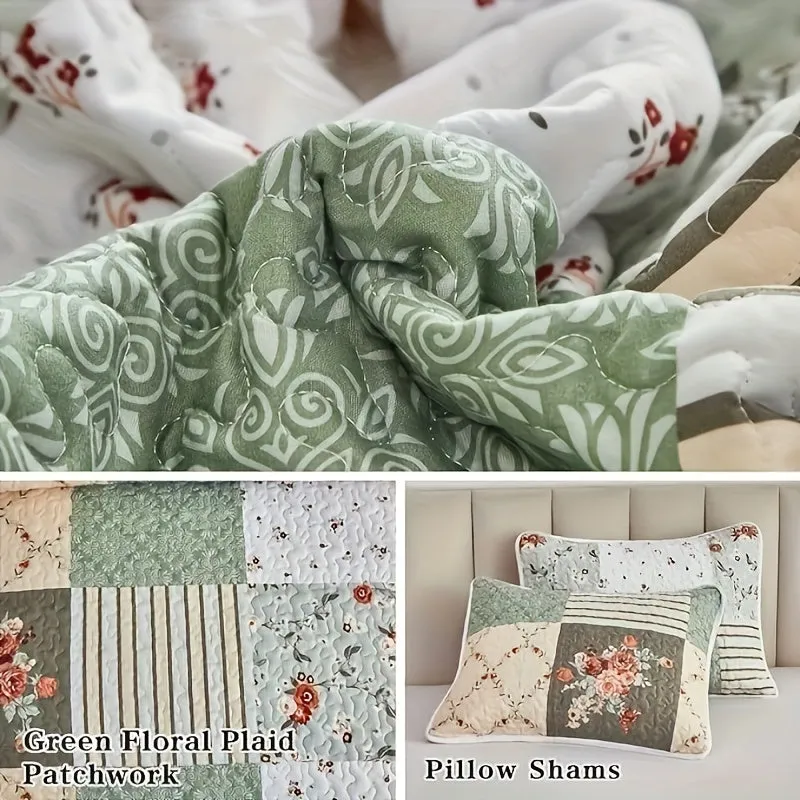 2/3pcs Floral Patchwork Quilt Set - Stylish Patch Design, Ultra-Soft & Breathable, Freshly Chic, Perfect for All Seasons, Includes Quilt & Pillowcases, Ideal for Dorms, Hotels, Bedrooms