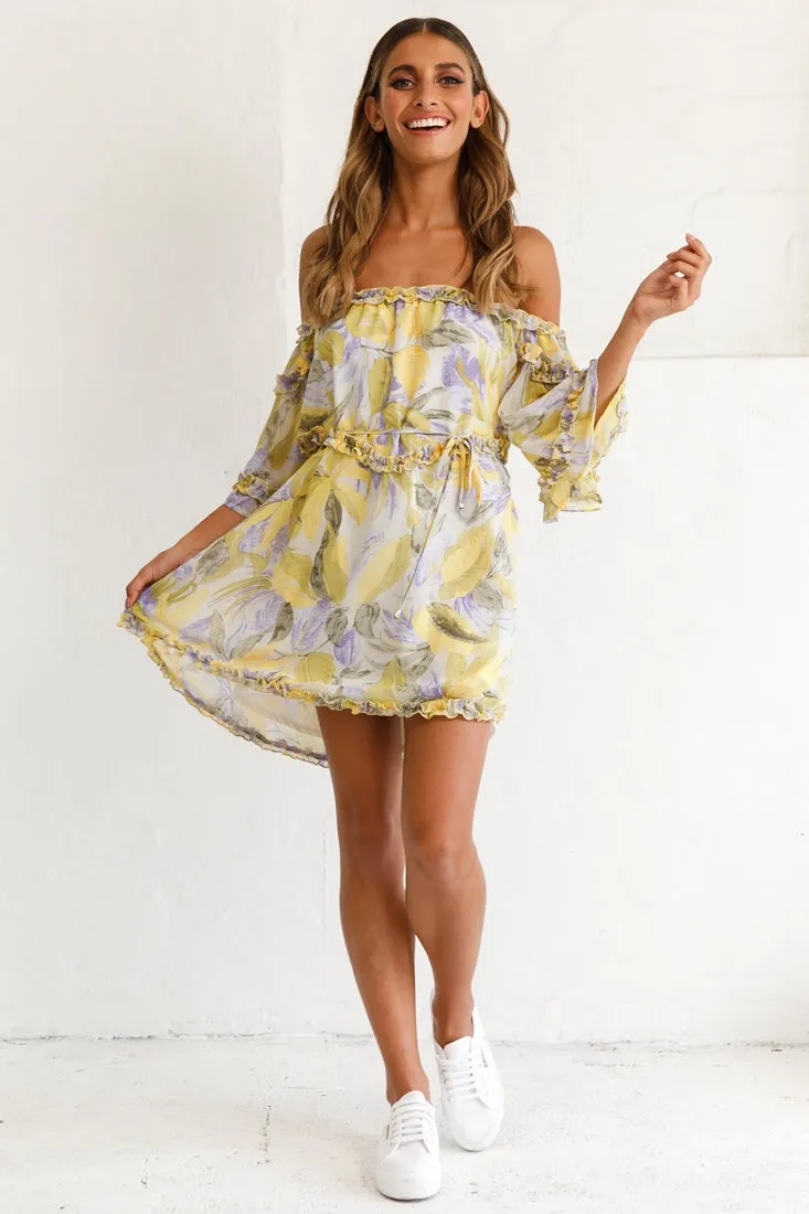 Adriel Off-Shoulder Frill Detail Dress Leaf Print White/Yellow