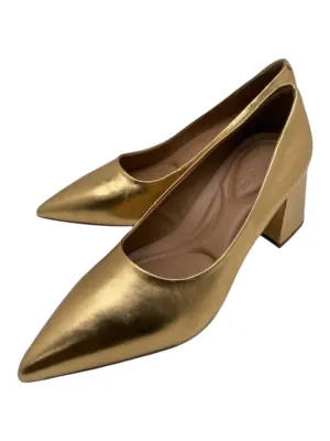 Aerosoles Shoe Size 8.5 Gold Leather Pointed Toe Block Heel Pumps