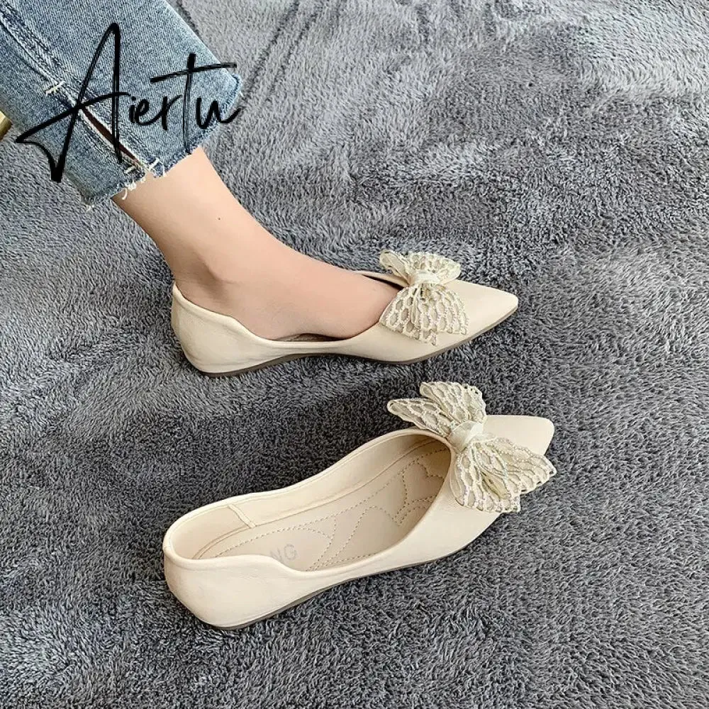 Aiertu Designer New Sandals Summer Flats Mules Shoes Sexy Bow Pointed Toe Sexy Women Shoes Dress Cozy Slides Party Shallow Zapatos