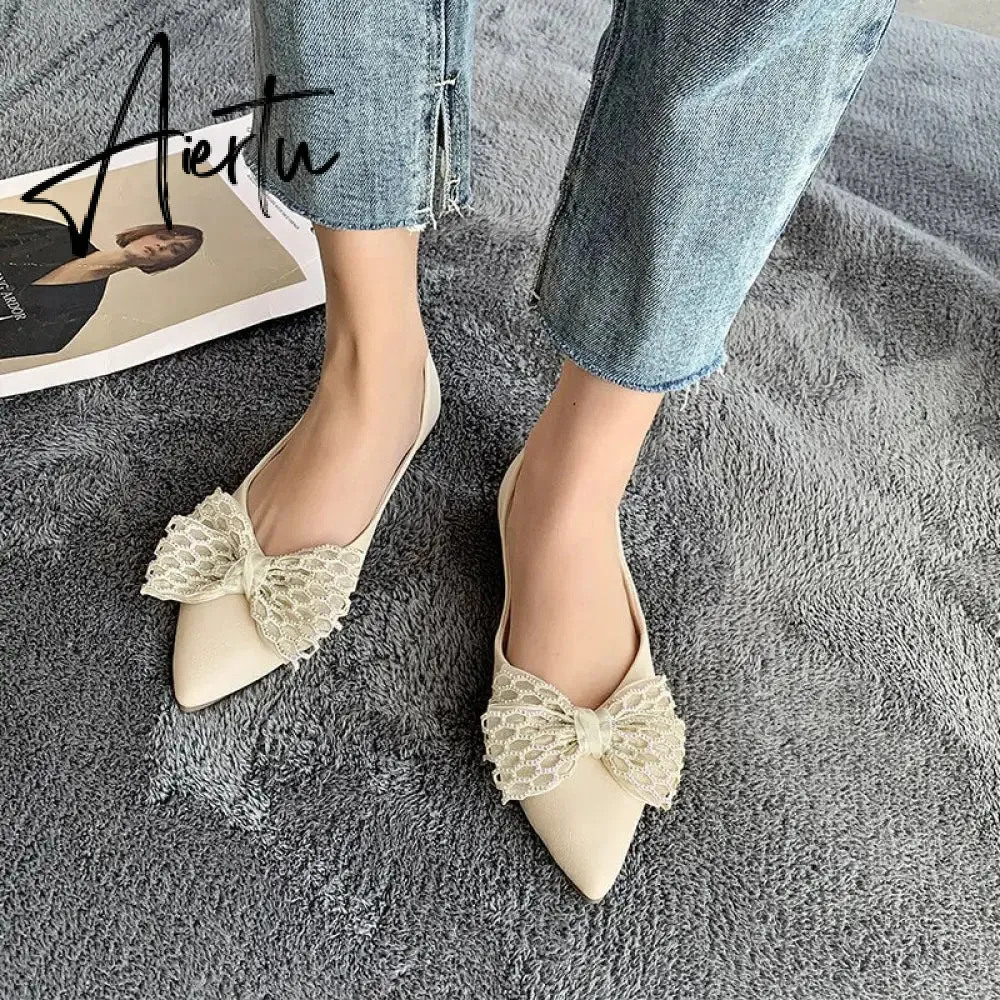 Aiertu Designer New Sandals Summer Flats Mules Shoes Sexy Bow Pointed Toe Sexy Women Shoes Dress Cozy Slides Party Shallow Zapatos