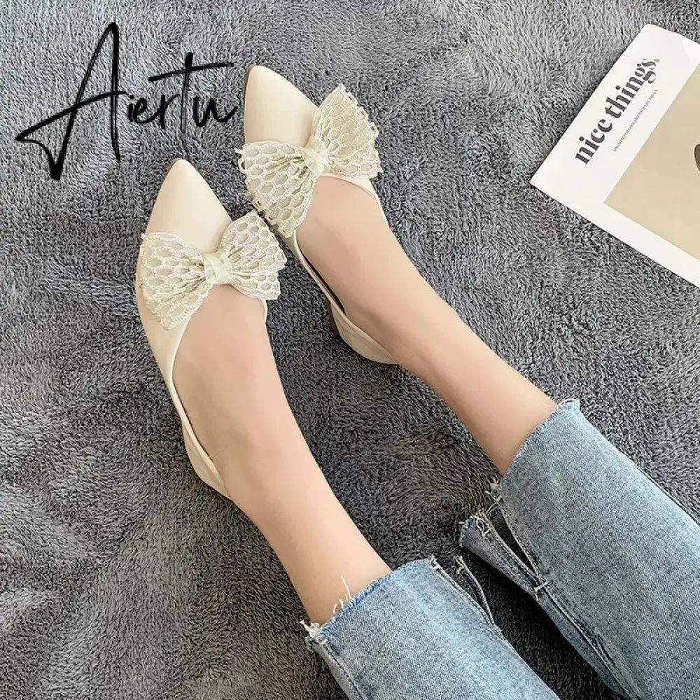 Aiertu Designer New Sandals Summer Flats Mules Shoes Sexy Bow Pointed Toe Sexy Women Shoes Dress Cozy Slides Party Shallow Zapatos