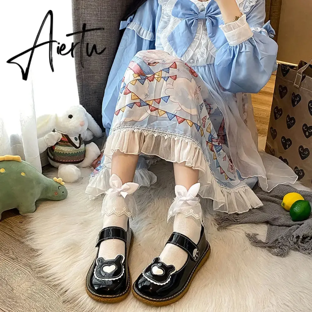 Aiertu  Kawaii Lolita Shoes Lovely Bear Patchwork Zapatillas Mujer Girls Mary Janes PU Japanese Style Student Footwear Sweet Shoes Woman