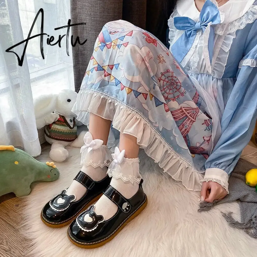 Aiertu  Kawaii Lolita Shoes Lovely Bear Patchwork Zapatillas Mujer Girls Mary Janes PU Japanese Style Student Footwear Sweet Shoes Woman