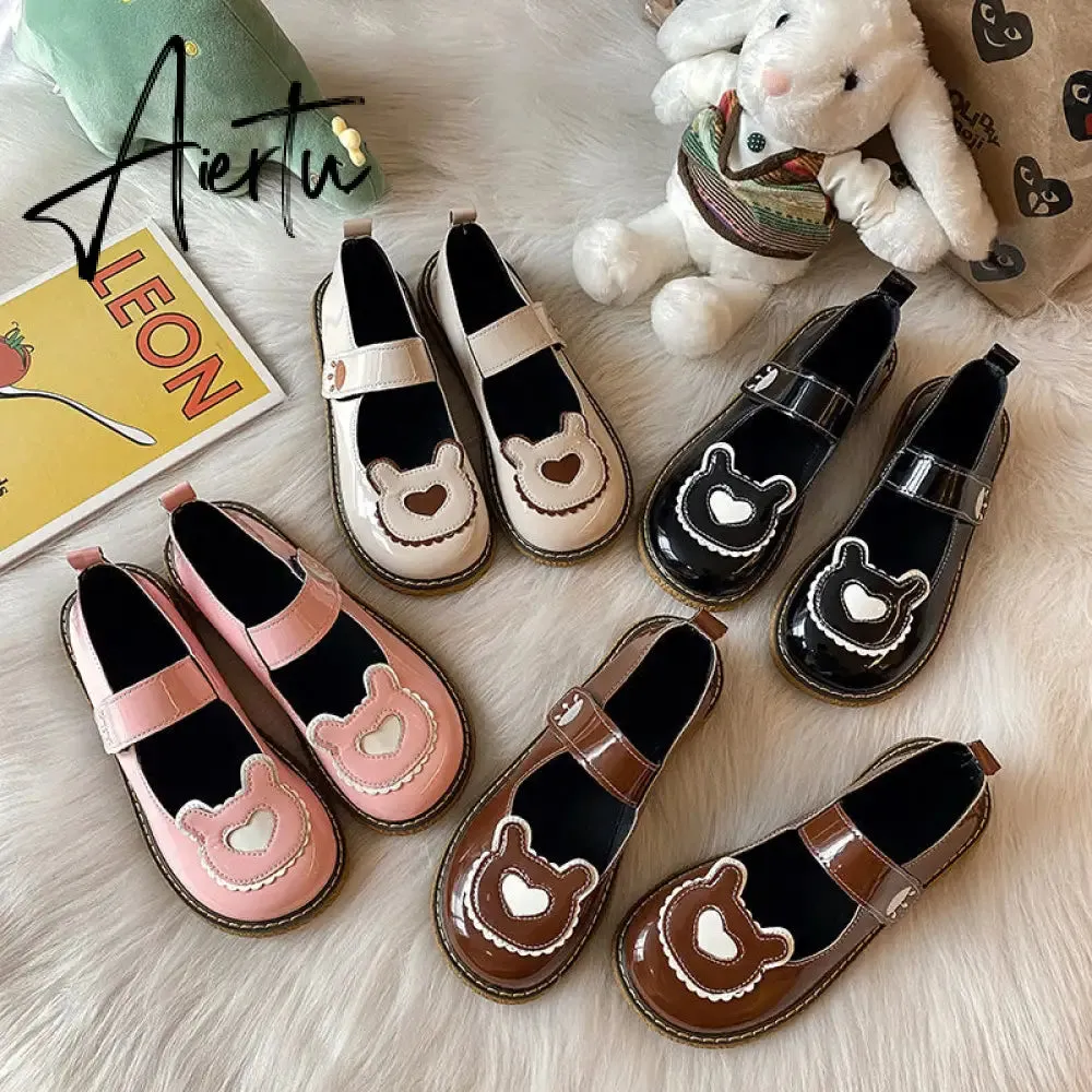 Aiertu  Kawaii Lolita Shoes Lovely Bear Patchwork Zapatillas Mujer Girls Mary Janes PU Japanese Style Student Footwear Sweet Shoes Woman