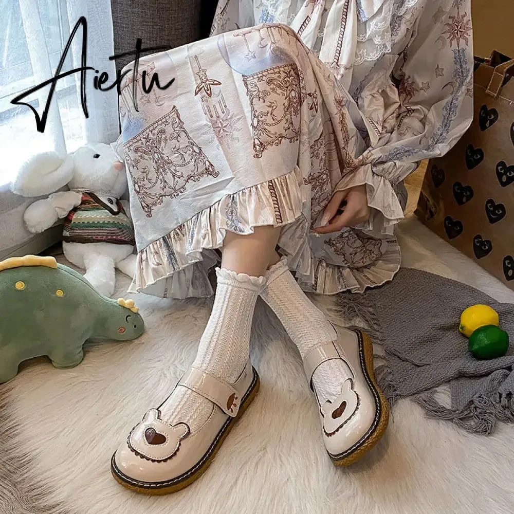 Aiertu  Kawaii Lolita Shoes Lovely Bear Patchwork Zapatillas Mujer Girls Mary Janes PU Japanese Style Student Footwear Sweet Shoes Woman