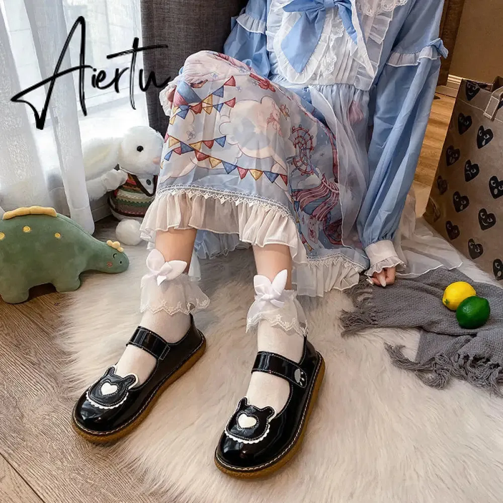 Aiertu  Kawaii Lolita Shoes Lovely Bear Patchwork Zapatillas Mujer Girls Mary Janes PU Japanese Style Student Footwear Sweet Shoes Woman