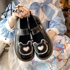 Aiertu  Kawaii Lolita Shoes Lovely Bear Patchwork Zapatillas Mujer Girls Mary Janes PU Japanese Style Student Footwear Sweet Shoes Woman