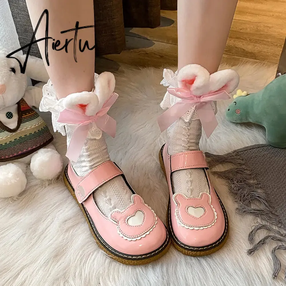 Aiertu  Kawaii Lolita Shoes Lovely Bear Patchwork Zapatillas Mujer Girls Mary Janes PU Japanese Style Student Footwear Sweet Shoes Woman