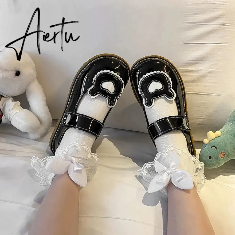 Aiertu  Kawaii Lolita Shoes Lovely Bear Patchwork Zapatillas Mujer Girls Mary Janes PU Japanese Style Student Footwear Sweet Shoes Woman