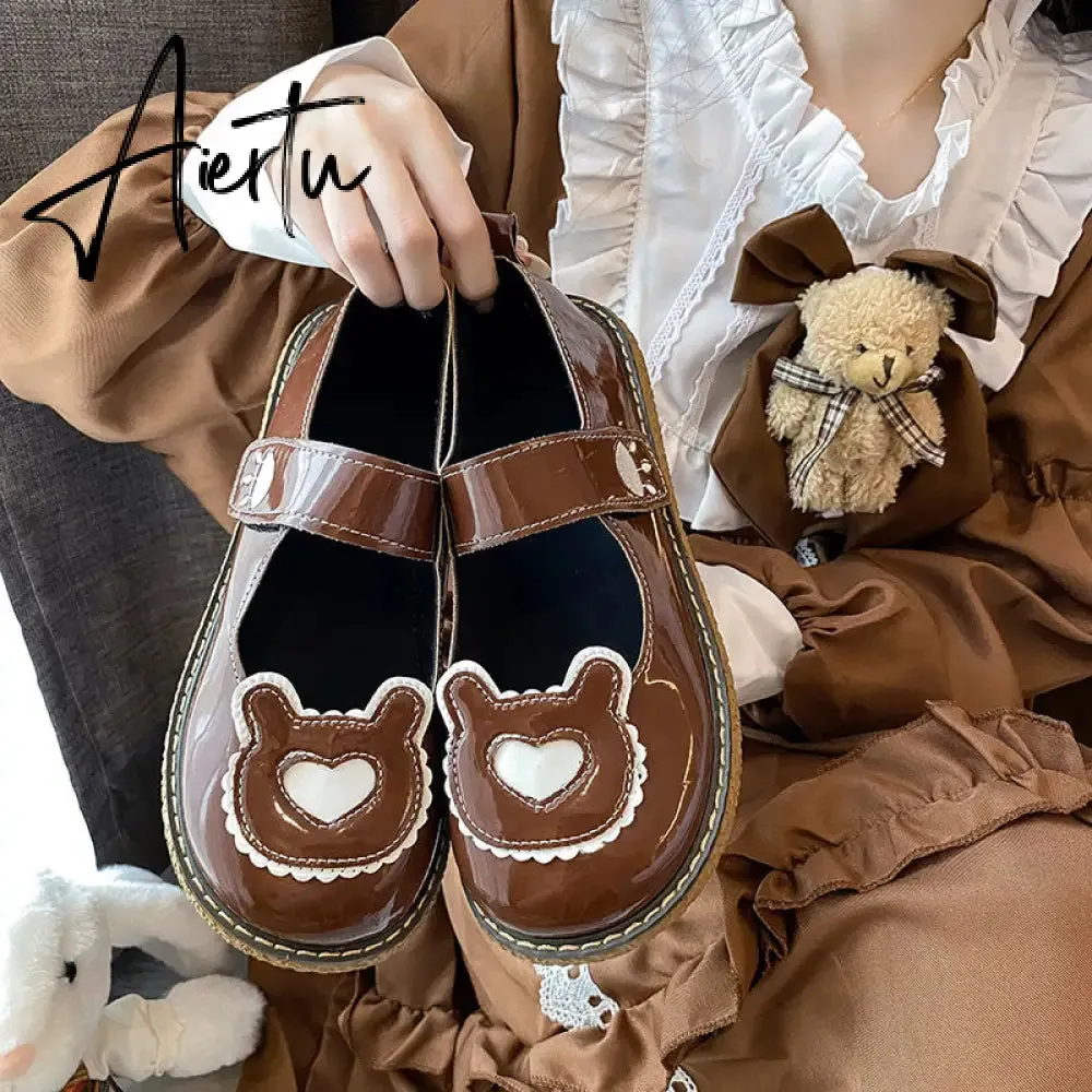 Aiertu  Kawaii Lolita Shoes Lovely Bear Patchwork Zapatillas Mujer Girls Mary Janes PU Japanese Style Student Footwear Sweet Shoes Woman