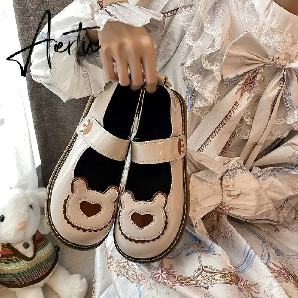 Aiertu  Kawaii Lolita Shoes Lovely Bear Patchwork Zapatillas Mujer Girls Mary Janes PU Japanese Style Student Footwear Sweet Shoes Woman