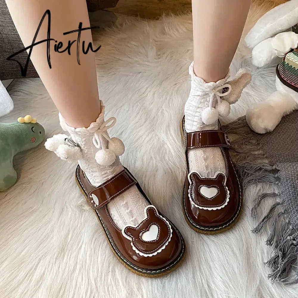 Aiertu  Kawaii Lolita Shoes Lovely Bear Patchwork Zapatillas Mujer Girls Mary Janes PU Japanese Style Student Footwear Sweet Shoes Woman