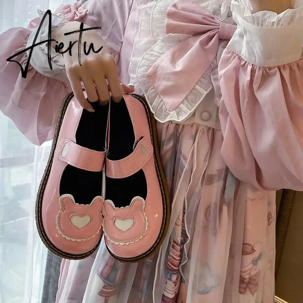 Aiertu  Kawaii Lolita Shoes Lovely Bear Patchwork Zapatillas Mujer Girls Mary Janes PU Japanese Style Student Footwear Sweet Shoes Woman