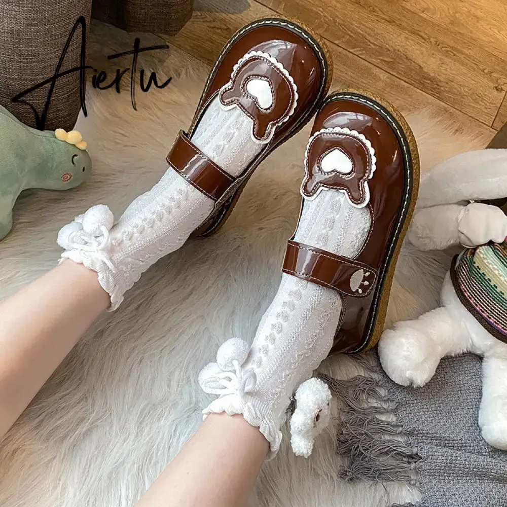 Aiertu  Kawaii Lolita Shoes Lovely Bear Patchwork Zapatillas Mujer Girls Mary Janes PU Japanese Style Student Footwear Sweet Shoes Woman