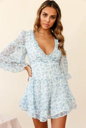 Albany Lace Up Back Frill Dress Floral Print Blue