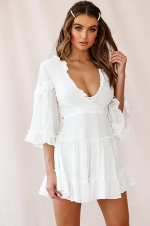 Albany Lace Up Back Frill Dress Puckered Fabric White