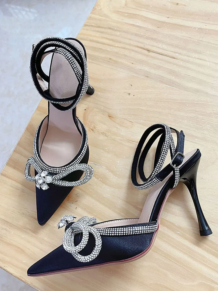 Amozae-Rhinestone Bowknot Ankle Strap Heel