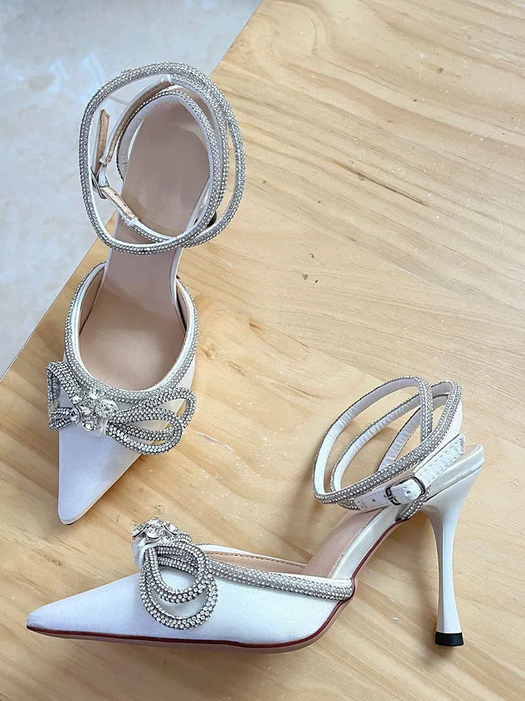 Amozae-Rhinestone Bowknot Ankle Strap Heel