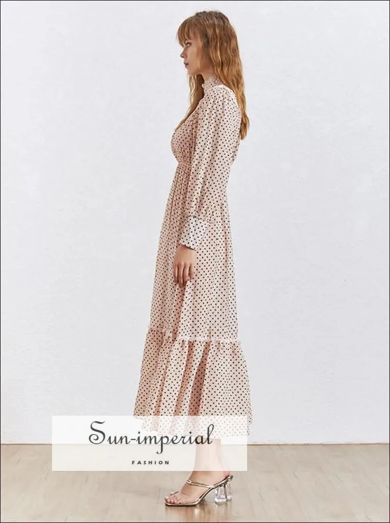 April Dress- Polka Dot Lace Patchwork Dress Turtleneck Collar Lantern Sleeve