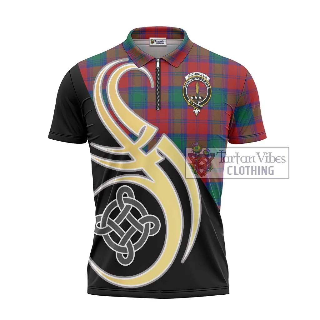 Auchinleck (Affleck) Tartan Zipper Polo Shirt with Family Crest and Celtic Symbol Style