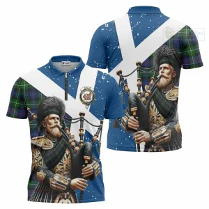 Baillie (Bailey) Tartan Zipper Polo Shirt with Family Crest Scottish Bagpiper Vibes