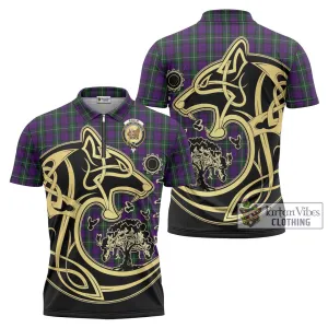 Baillie Highland Society Tartan Zipper Polo Shirt with Family Crest Celtic Wolf Style