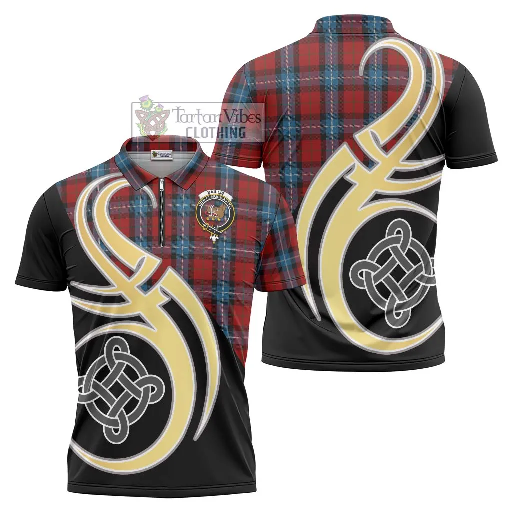 Baillie of Polkemmet Red Tartan Zipper Polo Shirt with Family Crest and Celtic Symbol Style