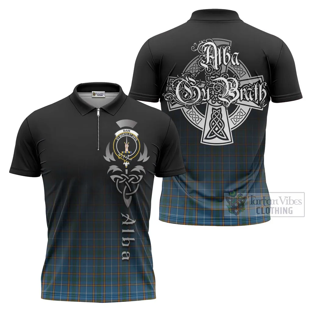 Bain Tartan Zipper Polo Shirt Featuring Alba Gu Brath Family Crest Celtic Inspired