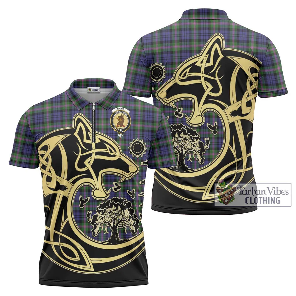 Baird Modern Tartan Zipper Polo Shirt with Family Crest Celtic Wolf Style