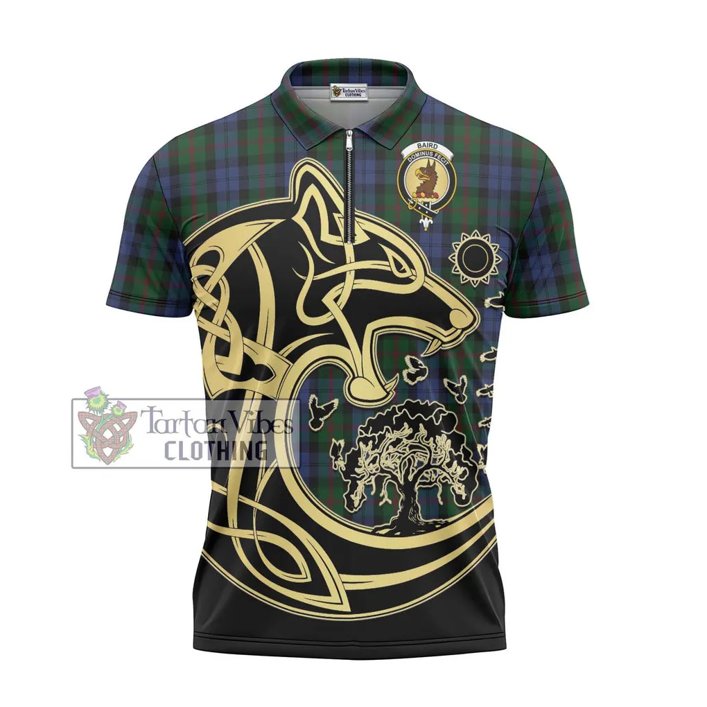 Baird Tartan Zipper Polo Shirt with Family Crest Celtic Wolf Style