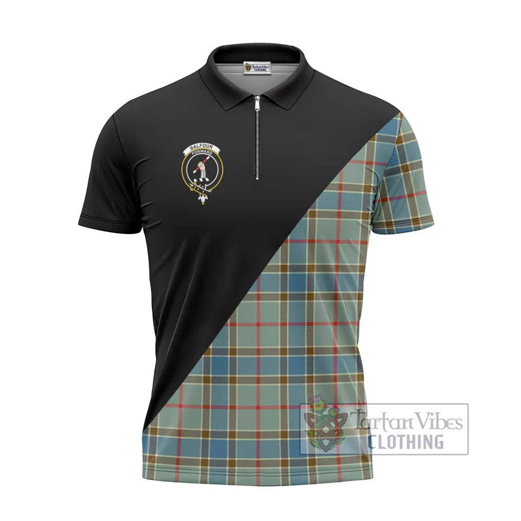 Balfour Blue Tartan Zipper Polo Shirt with Family Crest and Military Logo Style