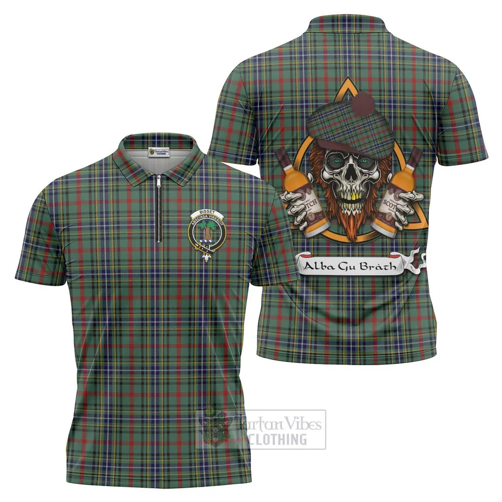 Bisset Tartan Zipper Polo Shirt with Family Crest and Bearded Skull Holding Bottles of Whiskey