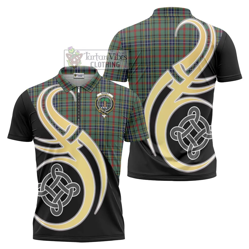 Bisset Tartan Zipper Polo Shirt with Family Crest and Celtic Symbol Style