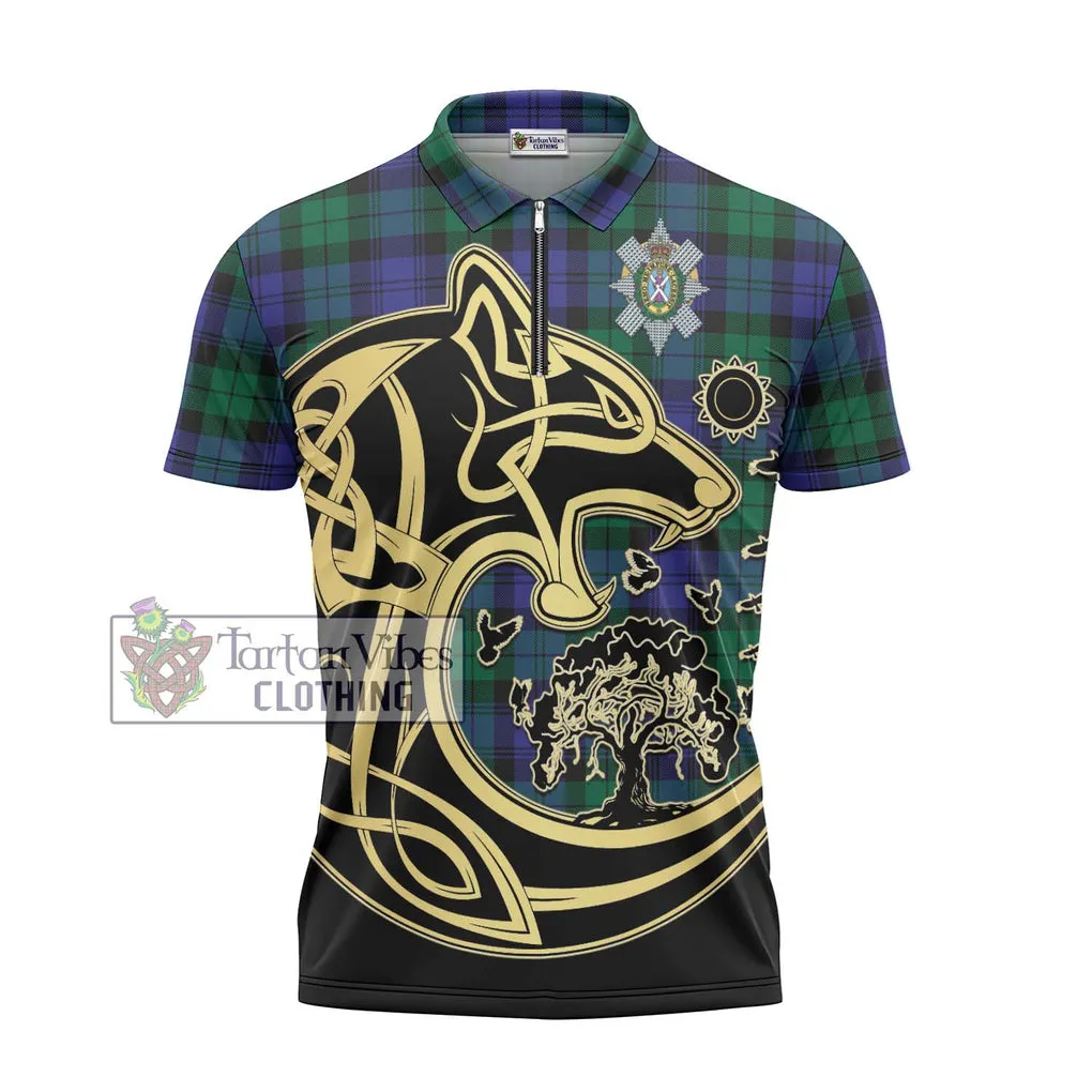 Black Watch Modern Tartan Zipper Polo Shirt with Family Crest Celtic Wolf Style