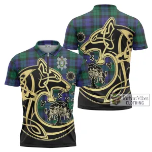 Black Watch Modern Tartan Zipper Polo Shirt with Family Crest Celtic Wolf Style