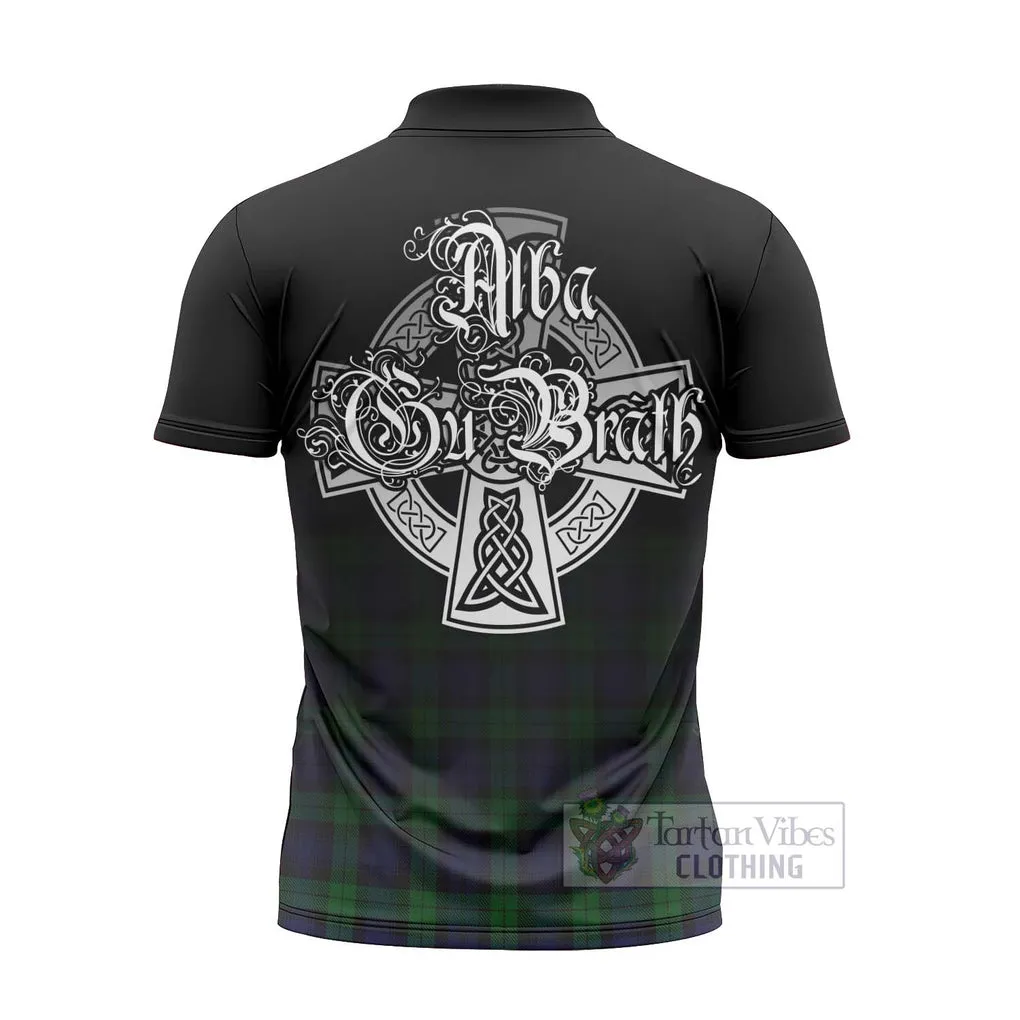 Black Watch Tartan Zipper Polo Shirt Featuring Alba Gu Brath Family Crest Celtic Inspired