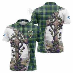 Blackadder Tartan Zipper Polo Shirt with Family Crest and St. Andrew's Cross Accented by Thistle Vines