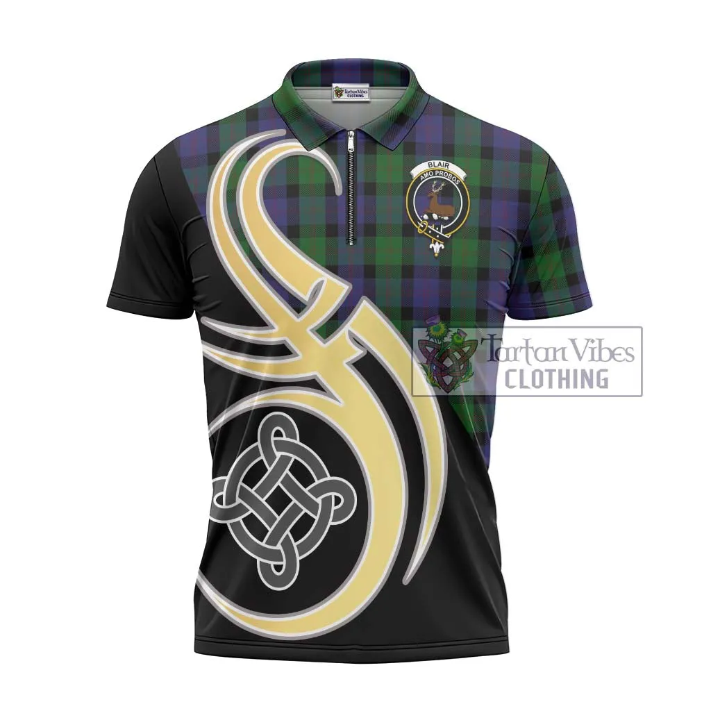 Blair Tartan Zipper Polo Shirt with Family Crest and Celtic Symbol Style