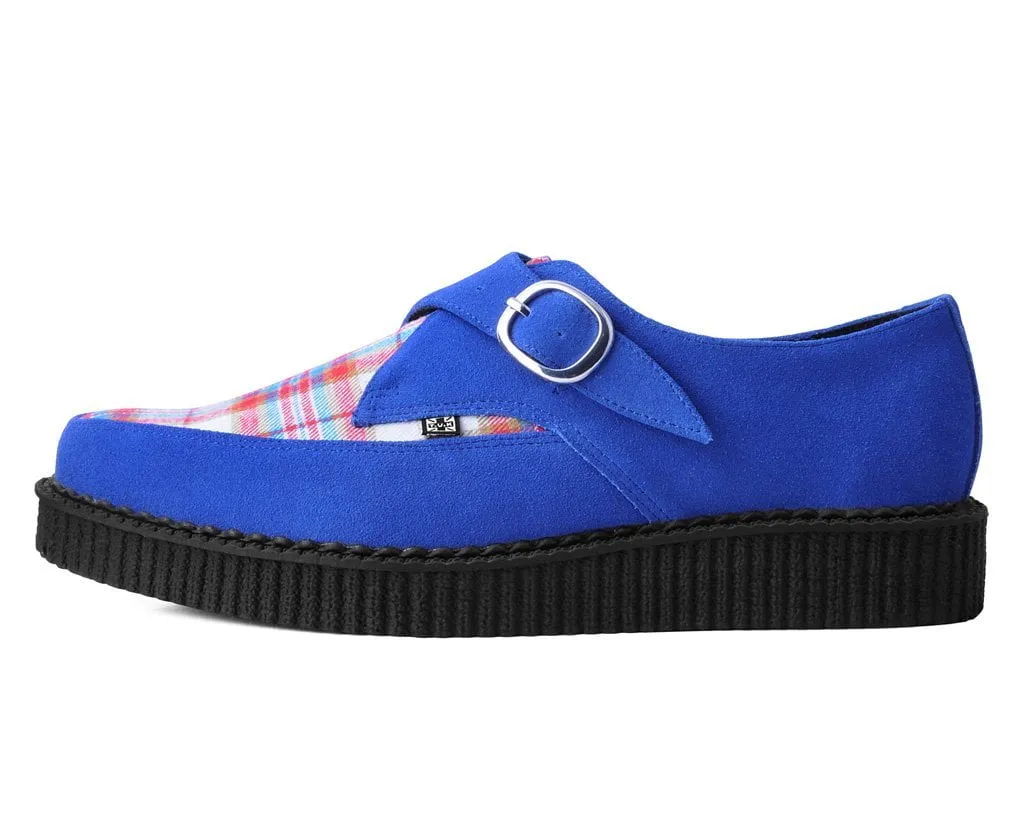 Blue Suede & Plaid Pointed Monk Buckle Creeper