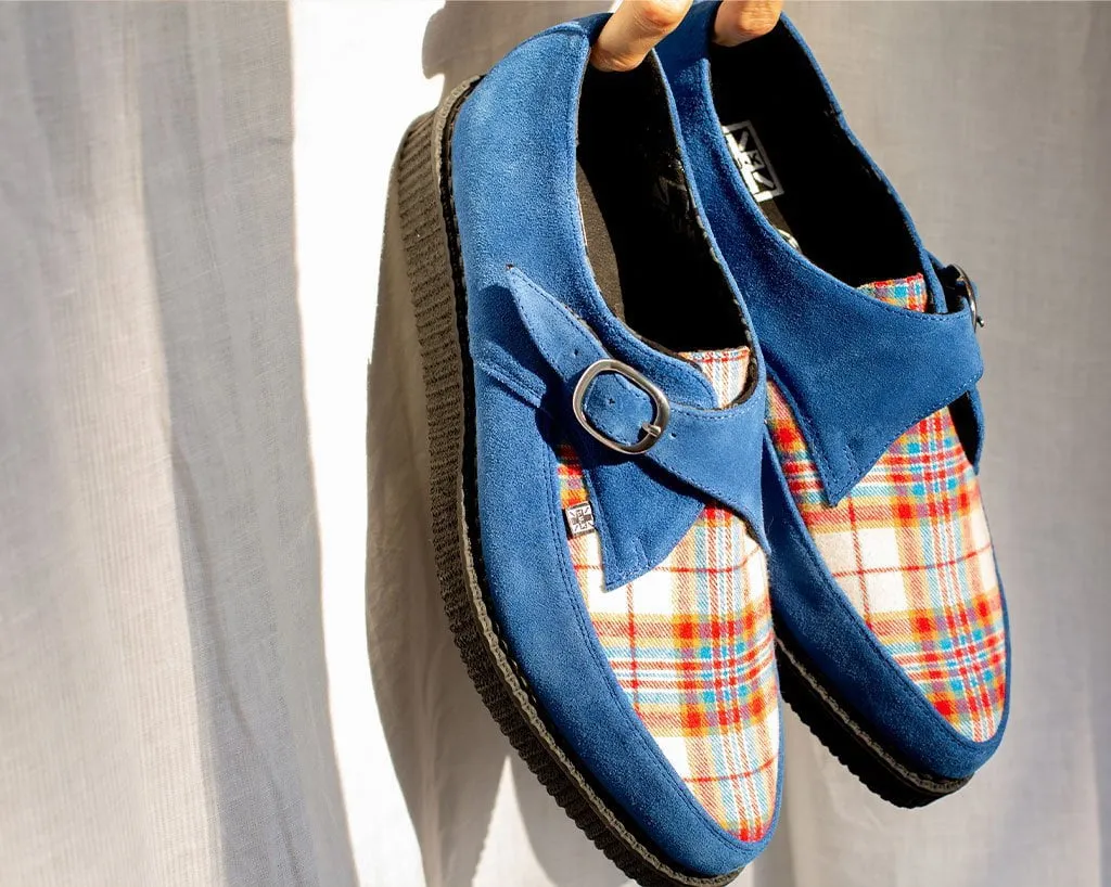 Blue Suede & Plaid Pointed Monk Buckle Creeper