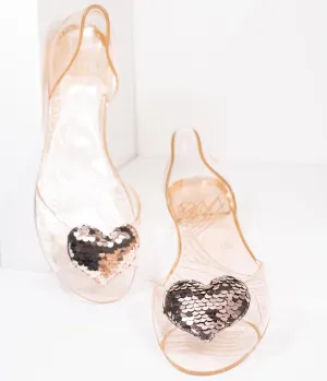 Blush Jelly & Gold Sequin Heart Peep Toe Flats