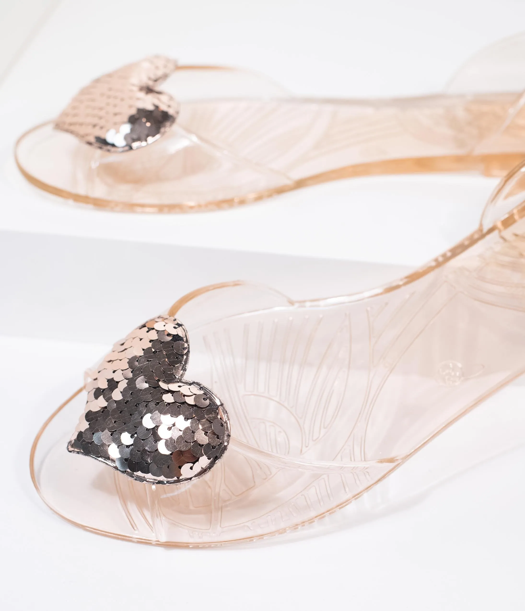 Blush Jelly & Gold Sequin Heart Peep Toe Flats