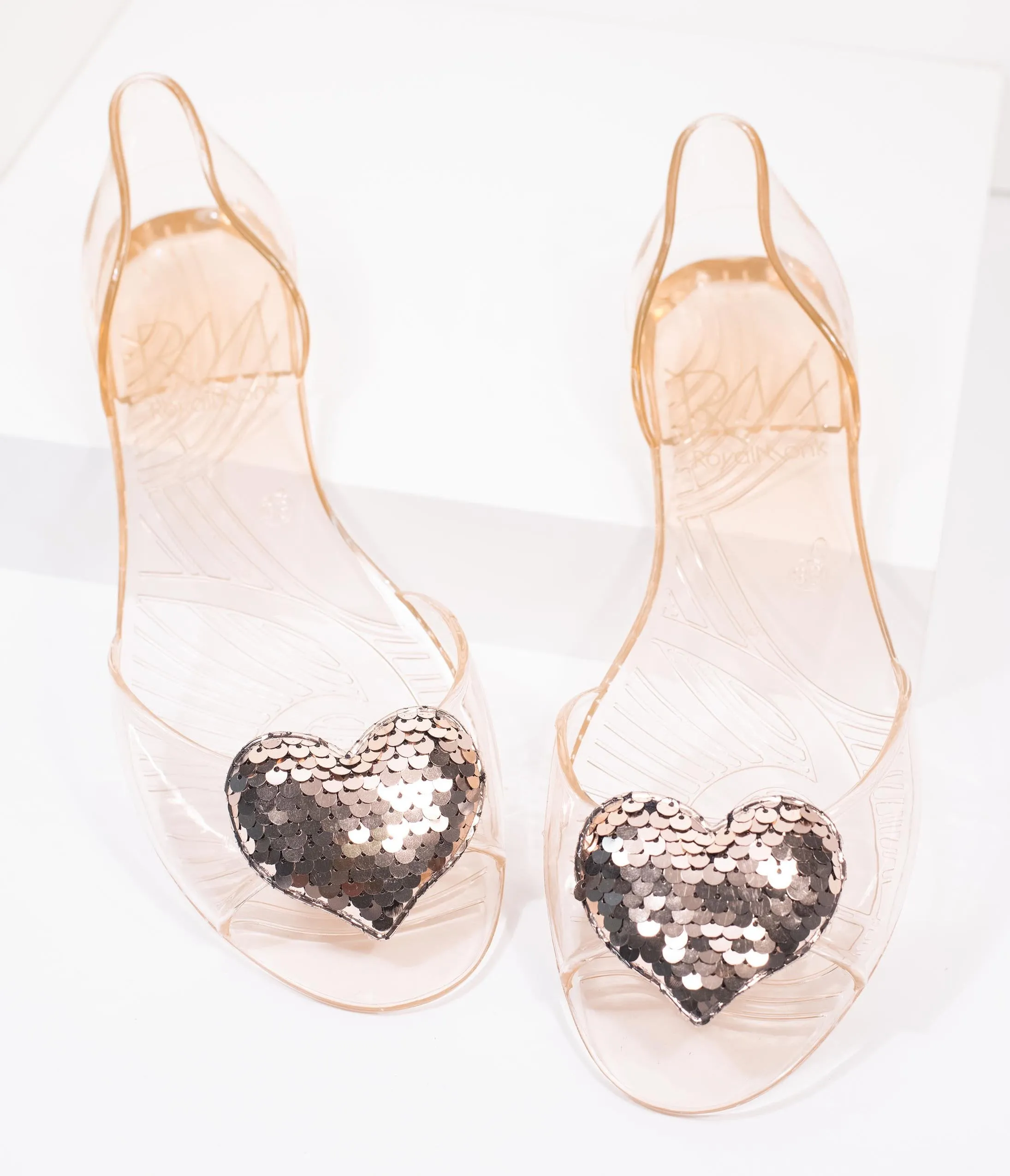 Blush Jelly & Gold Sequin Heart Peep Toe Flats