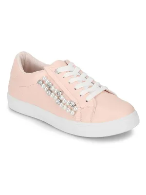 Blush PU Pearl Detail Lace-Up Sneakers