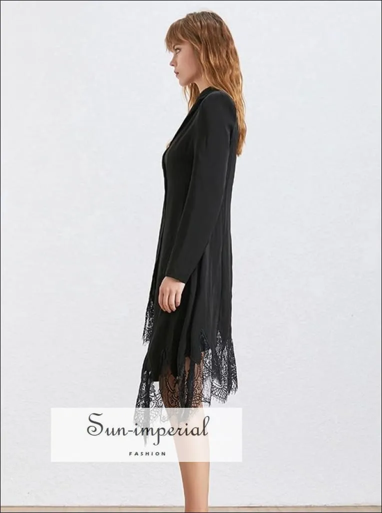 Boulogne Dress- Elegant Lace Patchwork Dress for Women Lapel Long Sleeve High Waist Asymmetrical