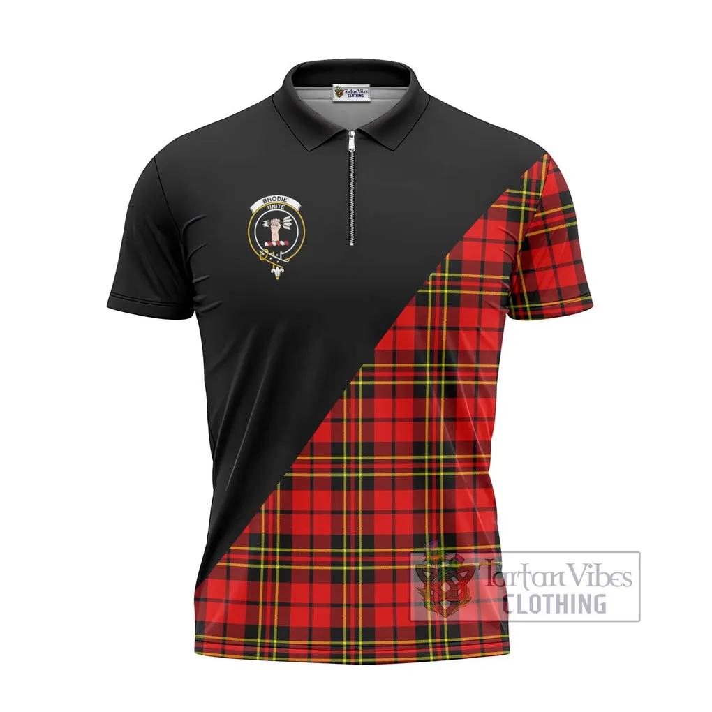 Brodie Modern Tartan Zipper Polo Shirt with Family Crest and Military Logo Style