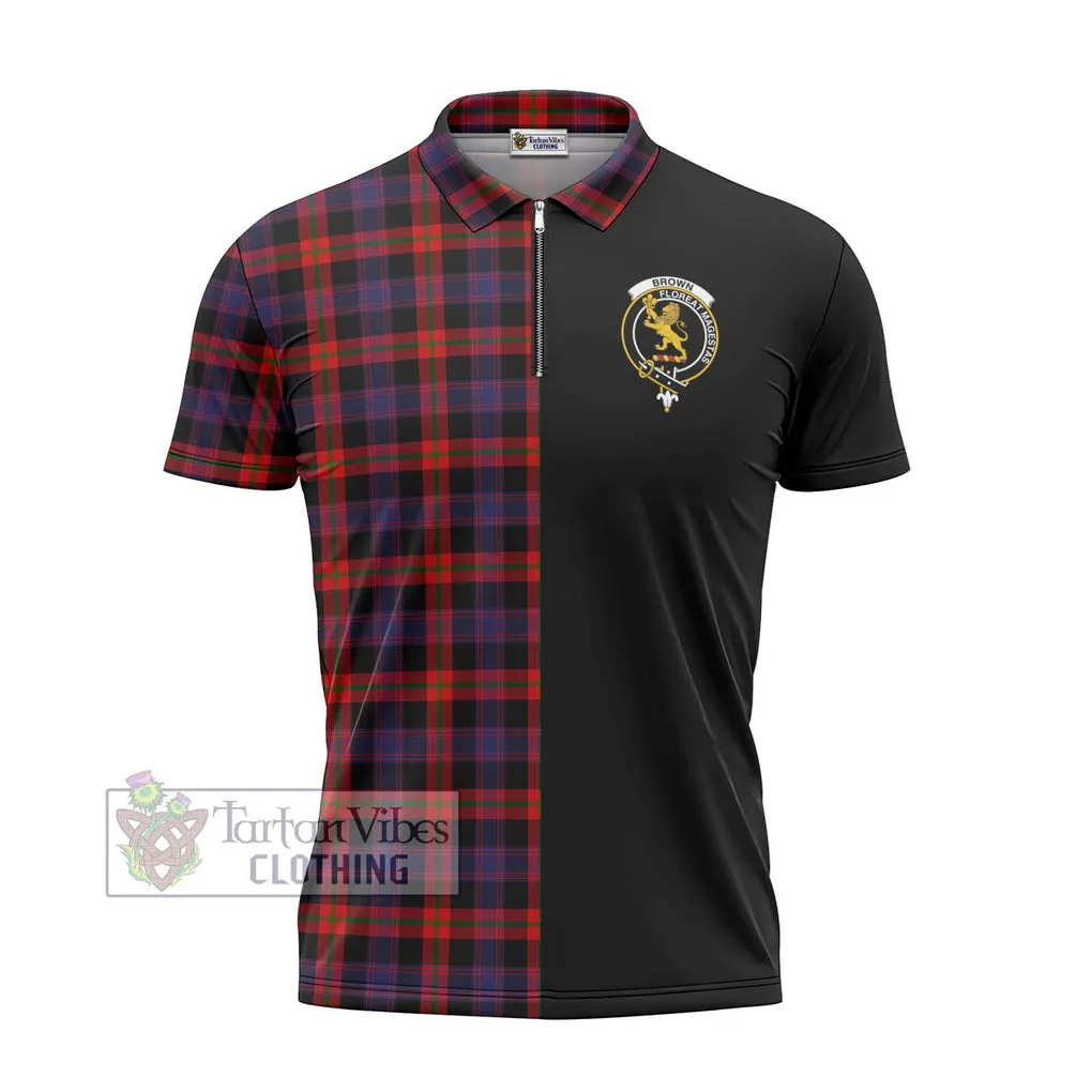 Brown (Broun) Tartan Zipper Polo Shirt with Family Crest and Half Of Me Style